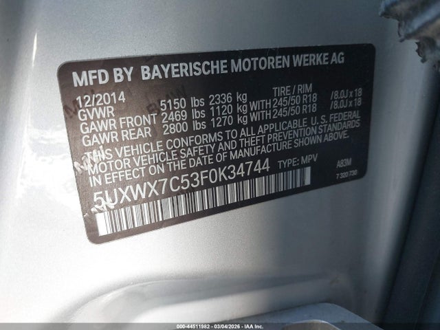 Продажа на аукционе авто 2015 Bmw X3 Xdrive35i, vin: 5UXWX7C53F0K34744, номер лота: 44511982