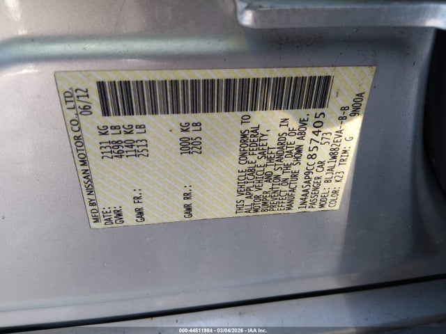 44511984 :رقم المزاد ، 1N4AA5AP9CC857405 vin ، 2012 Nissan Maxima 3.5 Sv مزاد بيع