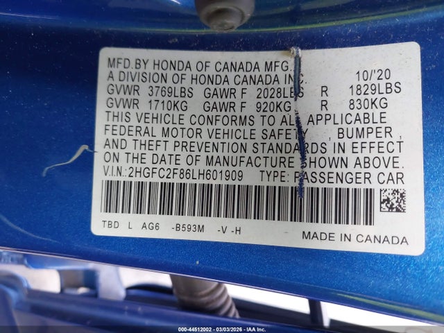 Honda Civic Sport 2020 2HGFC2F86LH601909 Image 9