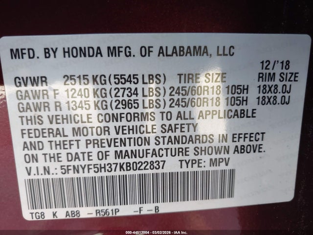5FNYF5H37KB022837 Honda Pilot Ex