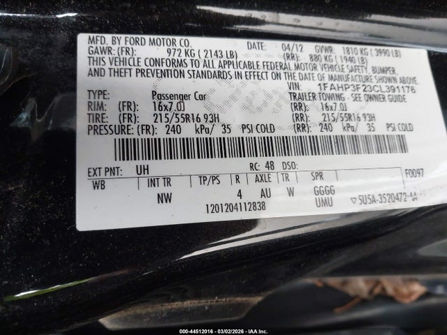 Aukcja sprzedaży 2012 Ford Focus Se, vin: 1FAHP3F23CL391176, numer aukcji: 44512016