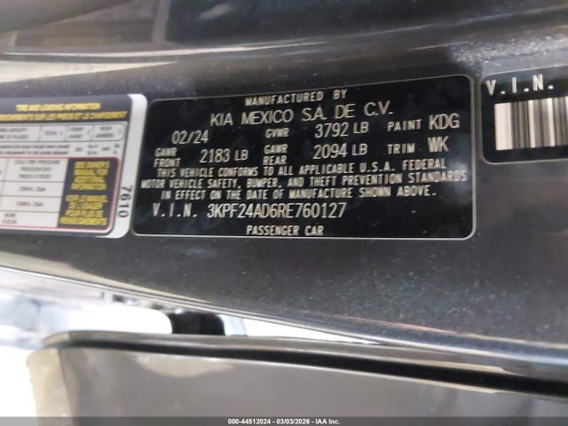 Продаж на аукціоні авто 2024 Kia Forte Lxs, vin: 3KPF24AD6RE760127, номер лоту: 44512024