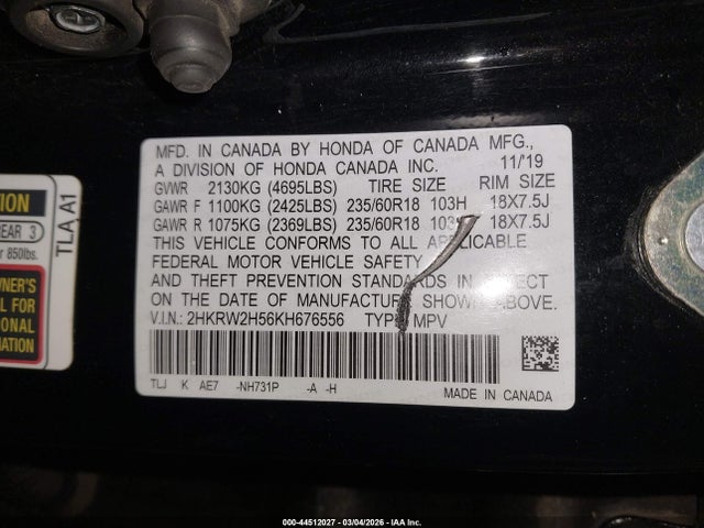 44512027 :رقم المزاد ، 2HKRW2H56KH676556 vin ، 2019 Honda Cr-v Ex مزاد بيع