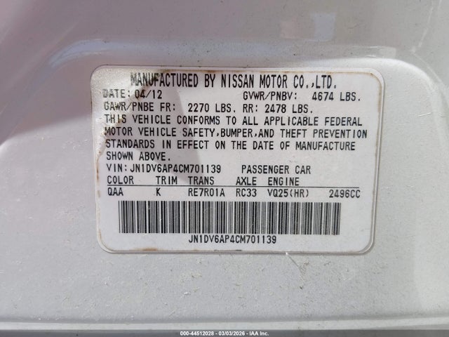 44512028 :رقم المزاد ، JN1DV6AP4CM701139 vin ، 2012 Infiniti G25 Journey مزاد بيع