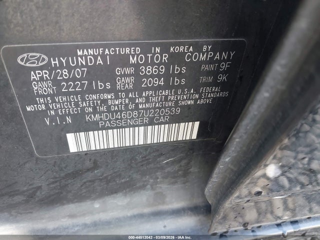 44512042 :رقم المزاد ، KMHDU46D87U220539 vin ، 2007 Hyundai Elantra Gls/limited/se مزاد بيع