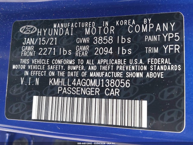 KMHLL4AG0MU138056 Hyundai ELANTRA SE
