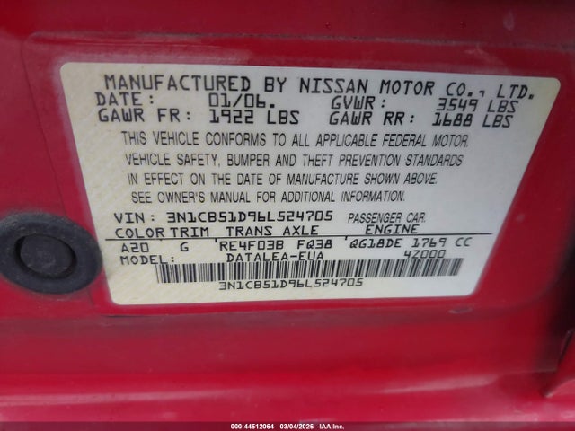 Aukcja sprzedaży 2006 Nissan Sentra 1.8s, vin: 3N1CB51D96L524705, numer aukcji: 44512064