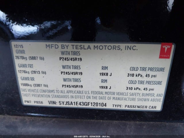 44512075 :رقم المزاد ، 5YJSA1E43GF120104 vin ، 2016 Tesla Model S 90d/p100d/p85d/p90d مزاد بيع