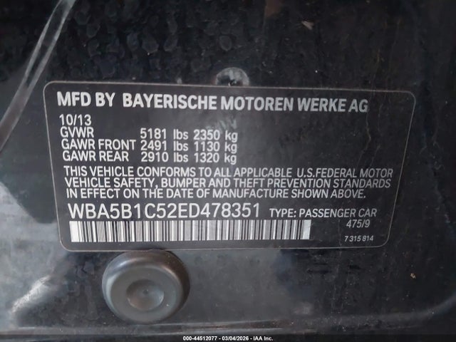 44512077 :رقم المزاد ، WBA5B1C52ED478351 vin ، 2014 Bmw 535i مزاد بيع