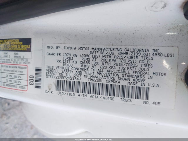 Auction sale of the 2007 Toyota Tacoma, vin: 5TETX22N97Z323843, lot number: 44512080