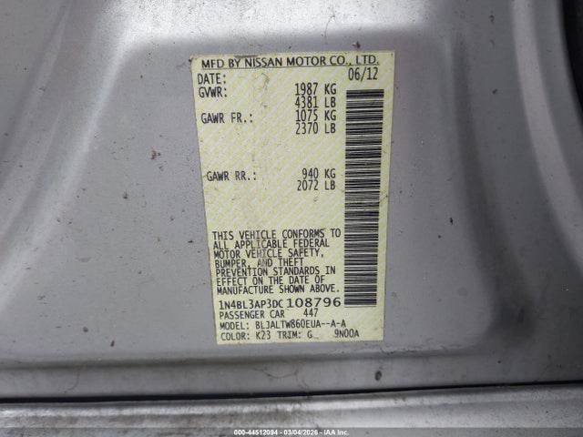 44512094 :رقم المزاد ، 1N4BL3AP3DC108796 vin ، 2013 Nissan Altima 3.5 Sv مزاد بيع