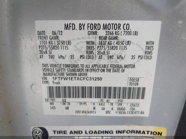 44512154 :رقم المزاد ، 1FTFW1ETXCFC31250 vin ، 2012 Ford F-150 Fx4 مزاد بيع