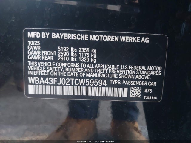 Продажа на аукционе авто 2026 Bmw 530i, vin: WBA43FJ02TCW59594, номер лота: 44512177