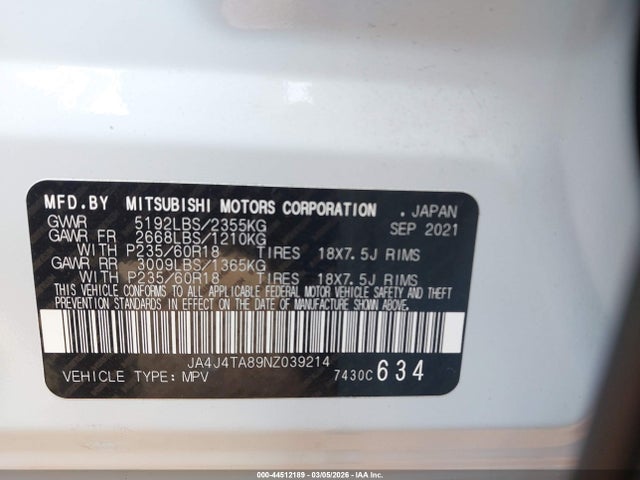 Продаж на аукціоні авто 2022 Mitsubishi Outlander Es 2.5 S-awc, vin: JA4J4TA89NZ039214, номер лоту: 44512189