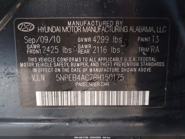 Aukcja sprzedaży 2011 Hyundai Sonata Gls, vin: 5NPEB4AC7BH150175, numer aukcji: 44512190