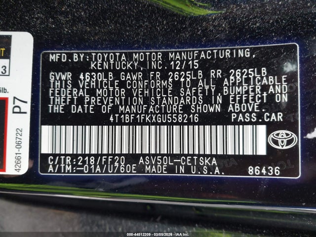 Toyota CAMRY SE 2016 4T1BF1FKXGU558216 Image 9