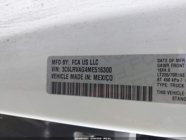 Auction sale of the 2021 Ram Promaster 1500 Low Roof 136 Wb, vin: 3C6LRVAG4ME516300, lot number: 44512221