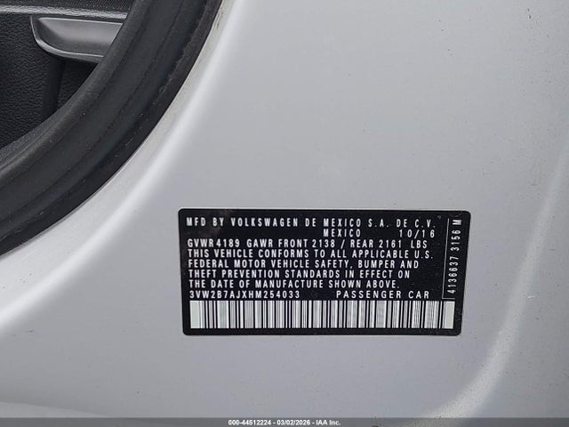 Aukcja sprzedaży 2017 Volkswagen Jetta 1.4t S, vin: 3VW2B7AJXHM254033, numer aukcji: 44512224