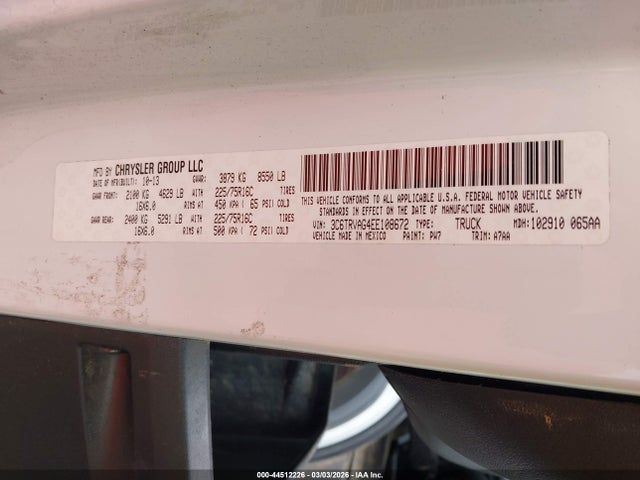 44512226 :رقم المزاد ، 3C6TRVAG4EE108672 vin ، 2014 Ram Promaster 1500 Low Roof مزاد بيع