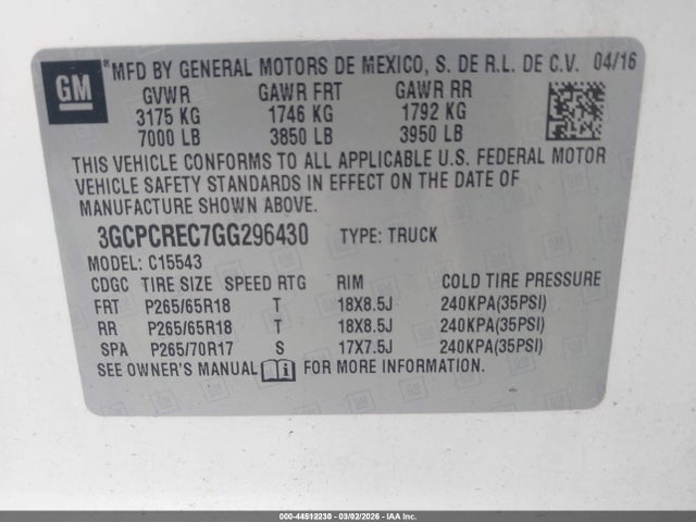 Продажа на аукционе авто 2016 Chevrolet Silverado 1500 1lt, vin: 3GCPCREC7GG296430, номер лота: 44512230