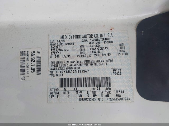 Продажа на аукционе авто 2003 Ford F-150 Lariat/xl/xlt, vin: 1FTRX18L13NB81267, номер лота: 44512270