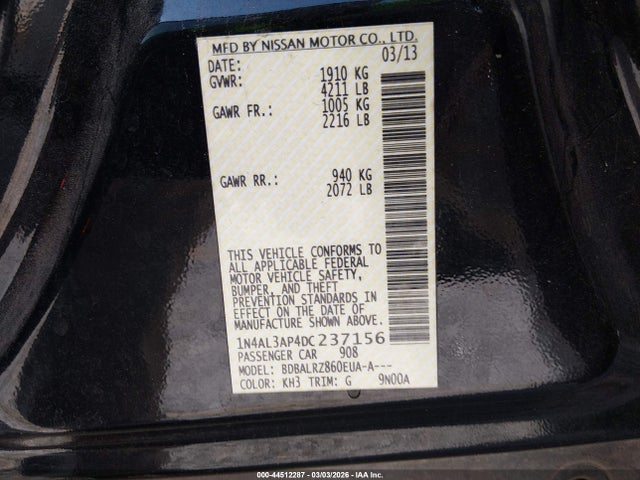 Aukcja sprzedaży 2013 Nissan Altima 2.5 S, vin: 1N4AL3AP4DC237156, numer aukcji: 44512287