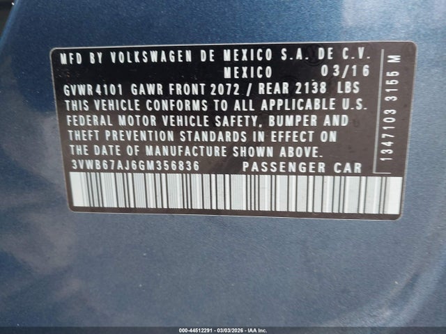 Aukcja sprzedaży 2016 Volkswagen Jetta 1.4t Se, vin: 3VWB67AJ6GM356836, numer aukcji: 44512291