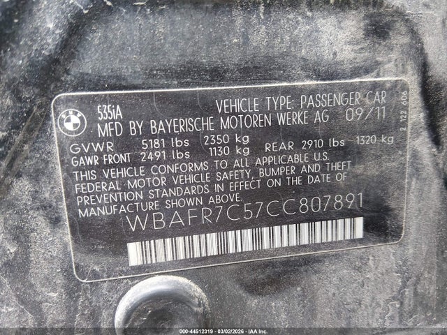 Продаж на аукціоні авто 2012 Bmw 535i, vin: WBAFR7C57CC807891, номер лоту: 44512319