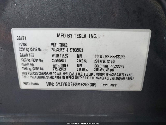 2021 TESLA MODEL Y 5YJYGDEF2MF252309 Photo 8