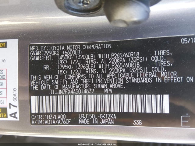 44512339 :رقم المزاد ، JTJJM7FX4A5014832 vin ، 2010 Lexus Gx 460 Premium مزاد بيع