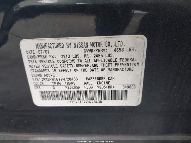 44512343 :رقم المزاد ، JNKBV61E77M728438 vin ، 2007 Infiniti G35 Journey مزاد بيع