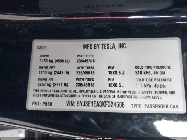 44512368 :رقم المزاد ، 5YJ3E1EA3KF324506 vin ، 2019 Tesla Model 3 Long Range/mid Range/standard Range/standard Range Plus مزاد بيع