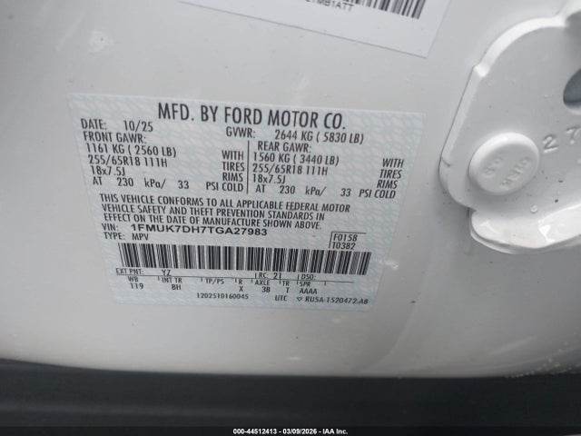 2026 Ford Explorer Active მანქანა იყიდება აუქციონზე, vin: 1FMUK7DH7TGA27983, აუქციონის ნომერი: 44512413