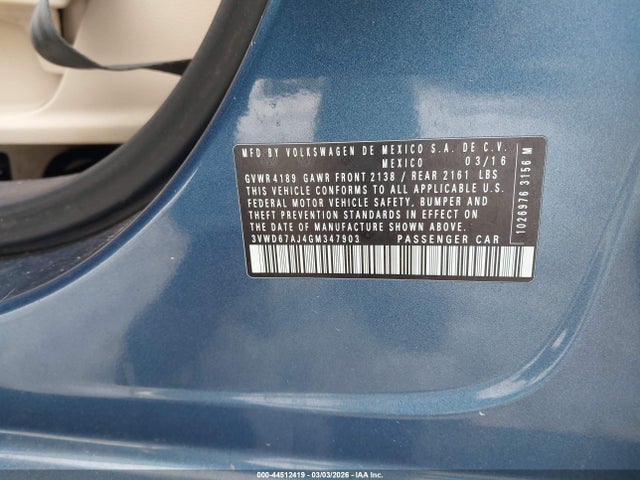 44512419 :رقم المزاد ، 3VWD67AJ4GM347903 vin ، 2016 Volkswagen Jetta 1.4t Se مزاد بيع