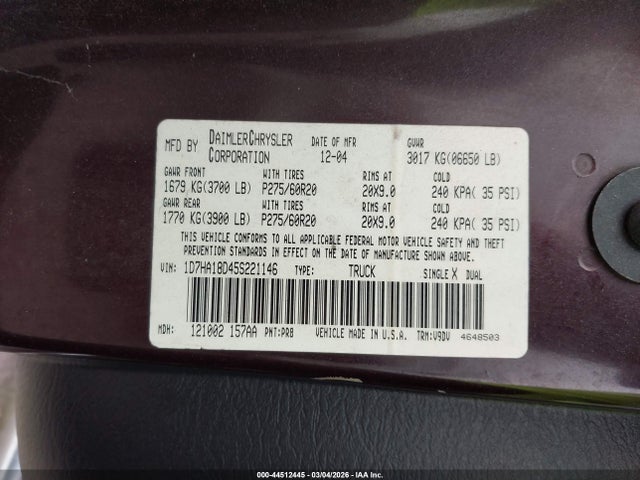 Продажа на аукционе авто 2005 Dodge Ram 1500 Slt/laramie, vin: 1D7HA18D45S221146, номер лота: 44512445