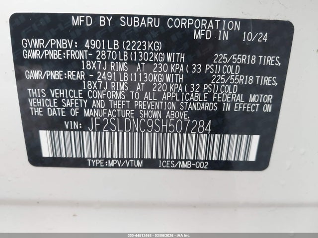 44512468 :رقم المزاد ، JF2SLDNC9SH507284 vin ، 2025 Subaru Forester Limited مزاد بيع