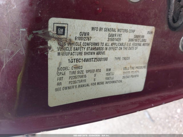 Aukcja sprzedaży 1996 Gmc Sierra C1500, vin: 1GTEC14W8TZ530198, numer aukcji: 44512479