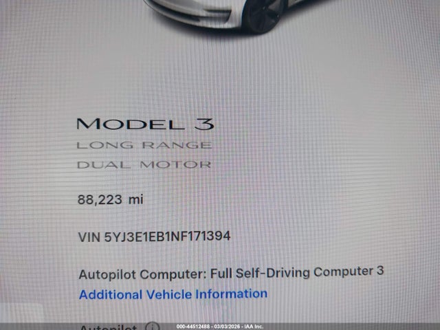 Продаж на аукціоні авто 2022 Tesla Model 3 Long Range Dual Motor All-wheel Drive, vin: 5YJ3E1EB1NF171394, номер лоту: 44512488