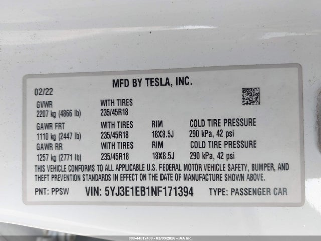 Продаж на аукціоні авто 2022 Tesla Model 3 Long Range Dual Motor All-wheel Drive, vin: 5YJ3E1EB1NF171394, номер лоту: 44512488