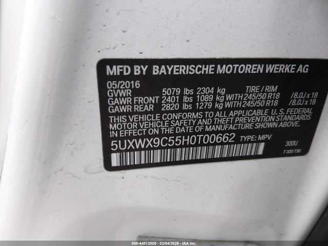 44512500 :رقم المزاد ، 5UXWX9C55H0T00662 vin ، 2017 Bmw X3 Xdrive28i مزاد بيع