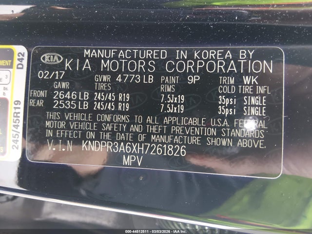 2017 Kia Sportage Sx Turbo მანქანა იყიდება აუქციონზე, vin: KNDPR3A6XH7261826, აუქციონის ნომერი: 44512511