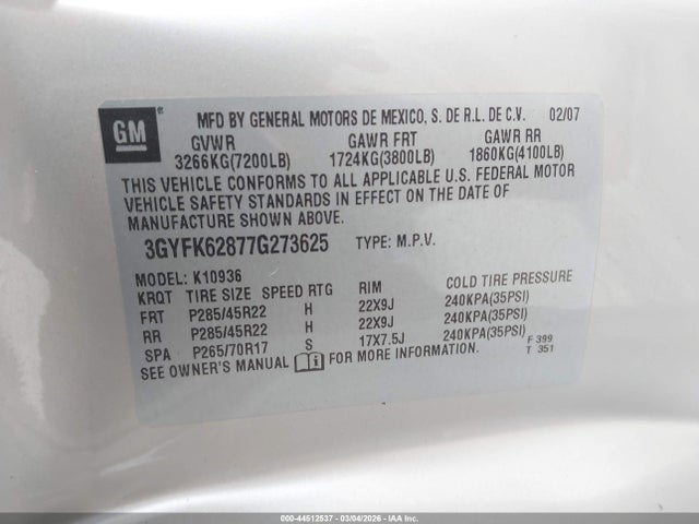 Продаж на аукціоні авто 2007 Cadillac Escalade Ext Standard, vin: 3GYFK62877G273625, номер лоту: 44512537