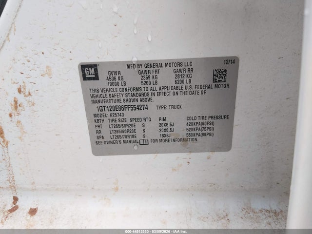 44512550 :رقم المزاد ، 1GT120E86FF554274 vin ، 2015 Gmc Sierra 2500hd Denali مزاد بيع