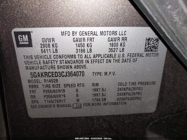 Продаж на аукціоні авто 2012 Buick Enclave Leather, vin: 5GAKRCED3CJ364070, номер лоту: 44512563