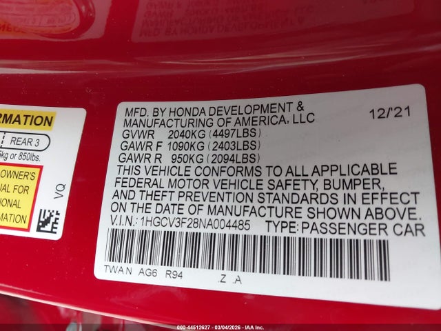 2022 HONDA ACCORD HYBRID 1HGCV3F28NA004485 Photo 8