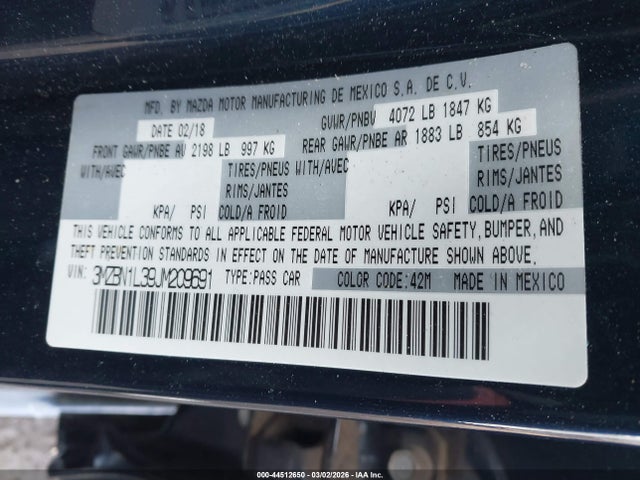 Продаж на аукціоні авто 2018 Mazda Mazda3 Touring, vin: 3MZBN1L39JM209691, номер лоту: 44512650