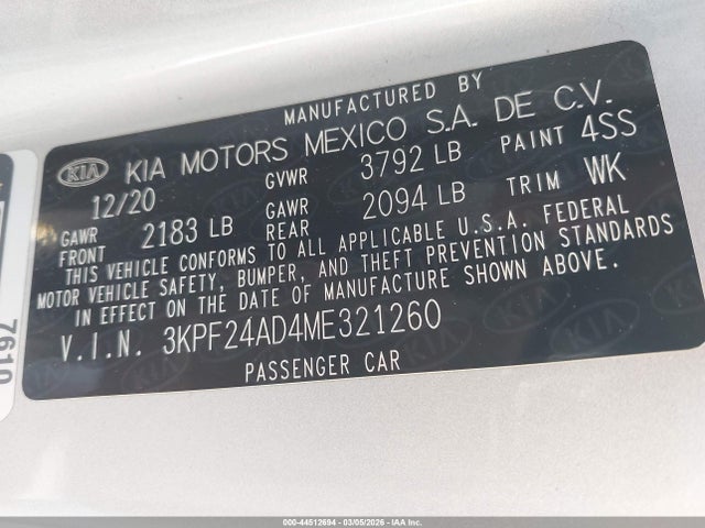 Aukcja sprzedaży 2021 Kia Forte Lxs, vin: 3KPF24AD4ME321260, numer aukcji: 44512694