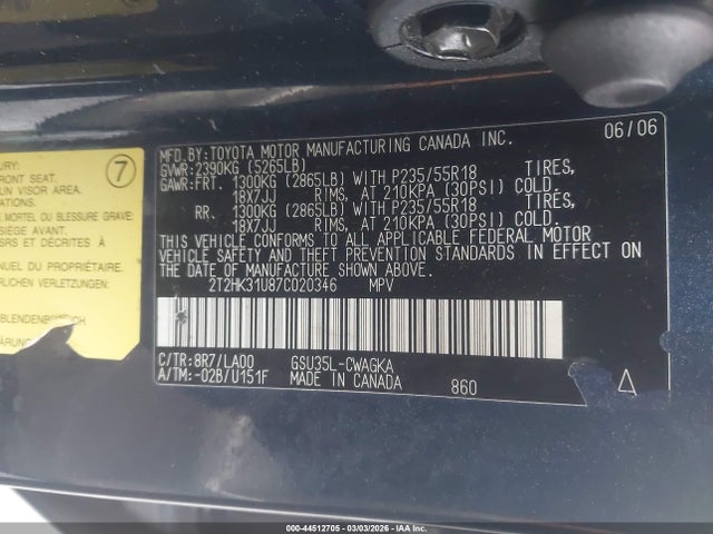 Продаж на аукціоні авто 2007 Lexus Rx 350, vin: 2T2HK31U87C020346, номер лоту: 44512705