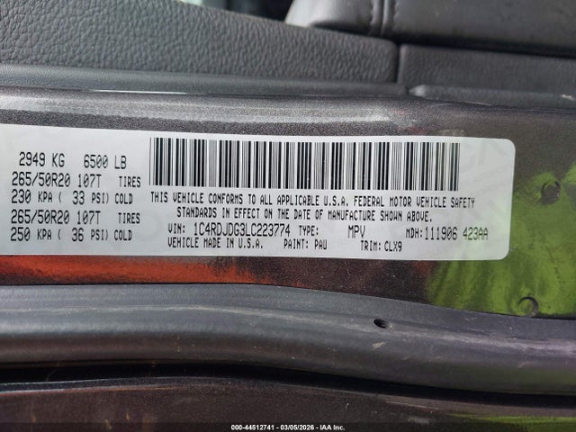 Продажа на аукционе авто 2020 Dodge Durango Gt Awd, vin: 1C4RDJDG3LC223774, номер лота: 44512741