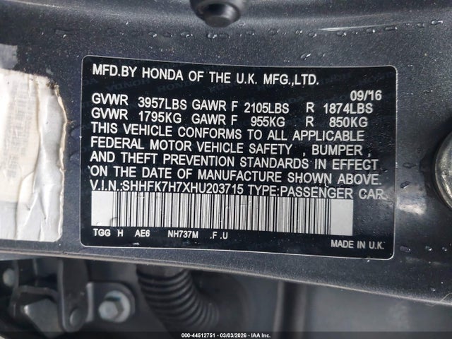 44512751 :رقم المزاد ، SHHFK7H7XHU203715 vin ، 2017 Honda Civic Ex-l مزاد بيع